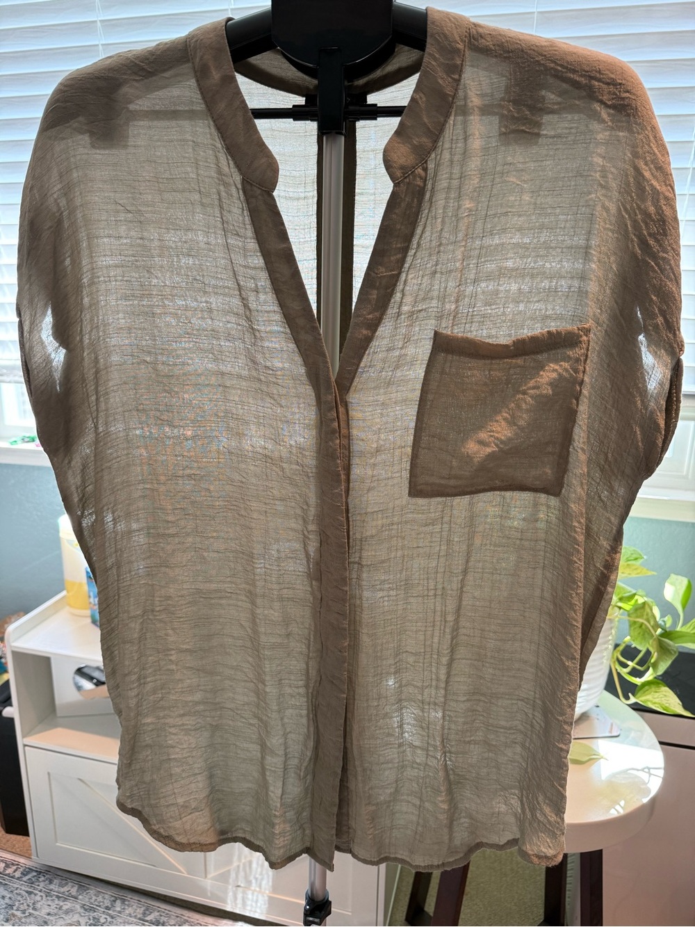 Papermoon Sheer Short-Sleeve Button-Front Shirt in Taupe